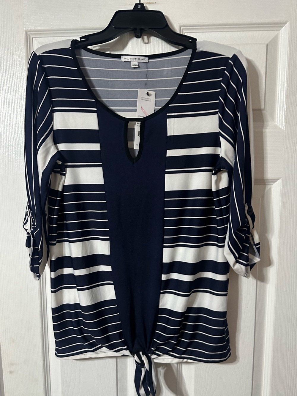NWT Notations Striped Keyhole Front-Tie Knit Top